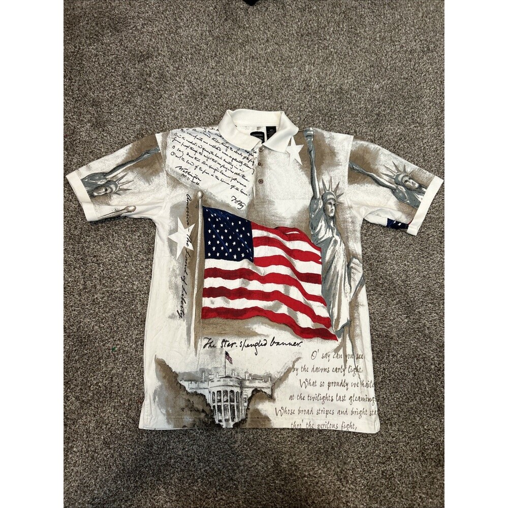 Cotton Traders Sport SZ M American Flag Statue of Liberty Polo Shirt USA